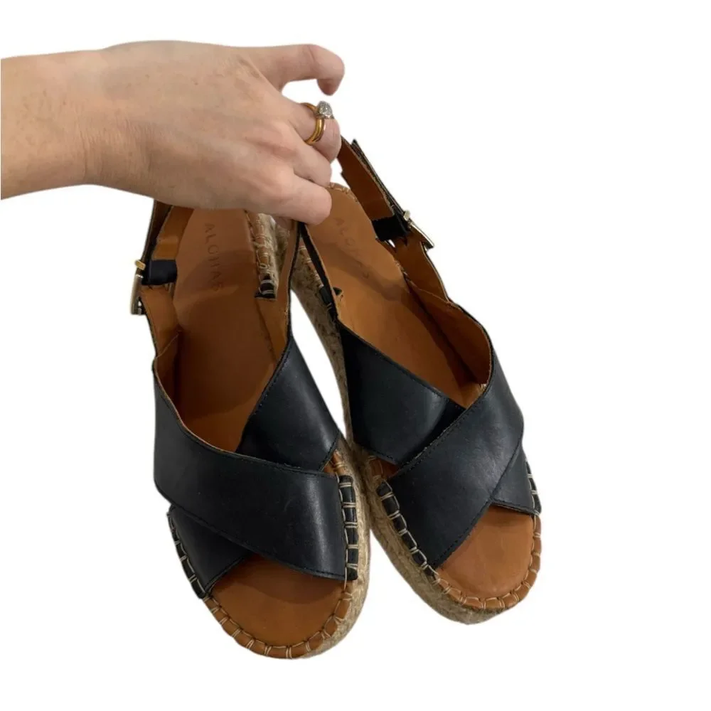 Alohas Crossed Black Leather Espadrilles